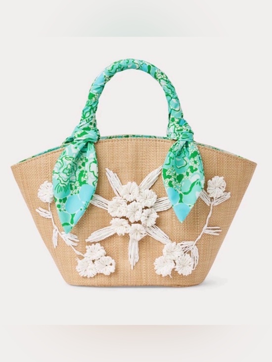 Lilly Pulitzer Handbags - Lilly Pulitzer, NWTs Woven Straw Floral Tote with Green Scarf Handles w scarfs